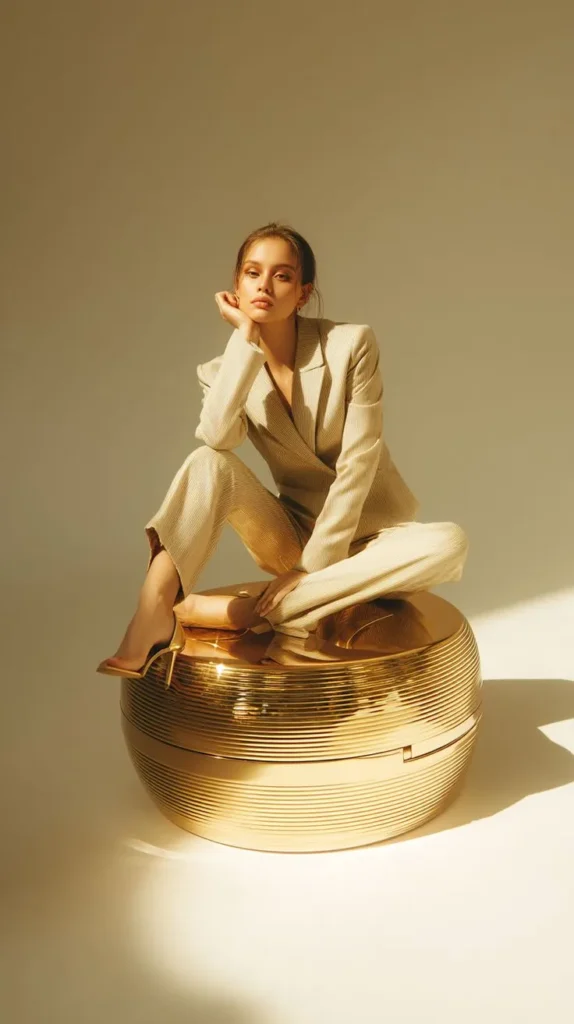 golden sphere cinematic fashion shoot